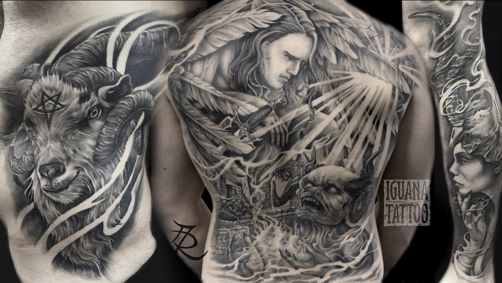 Tres tatuajes de gran formato en realismo negro y gris de Iguana Tattoo Studio, Tenerife